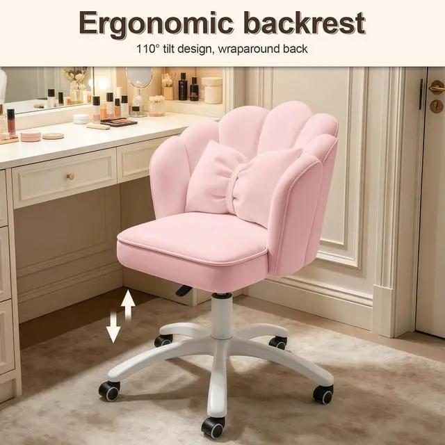 Alt view image 6 of 6 - Petal Desk Chair with Bow Cushion Velvet Vanity Chair with Wheels, Upholstered Home Office Chair for Girls Women, Mid-Back Swivel Computer Task Chairs for Living Room Bedroom