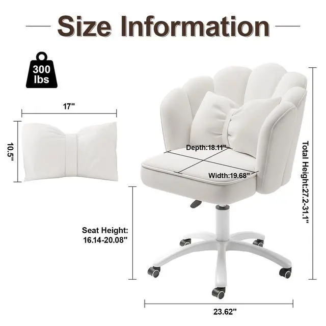 Alt view image 2 of 6 - Petal Desk Chair with Bow Cushion Velvet Vanity Chair with Wheels, Upholstered Home Office Chair for Girls Women, Mid-Back Swivel Computer Task Chairs for Living Room Bedroom