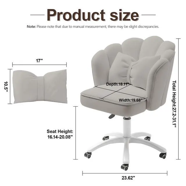 Alt view image 2 of 6 - Petal Desk Chair with Bow Cushion Velvet Vanity Chair with Wheels, Upholstered Home Office Chair for Girls Women, Mid-Back Swivel Computer Task Chairs for Living Room Bedroom