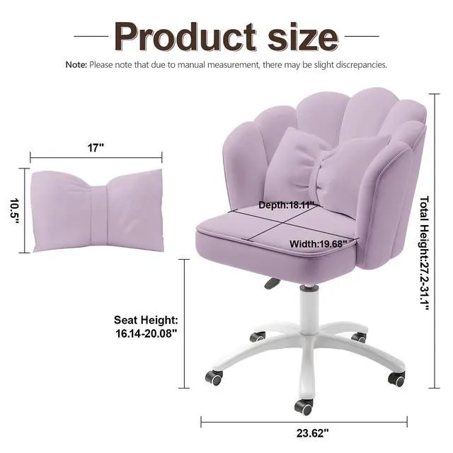 Alt view image 2 of 6 - Petal Desk Chair with Bow Cushion Velvet Vanity Chair with Wheels, Upholstered Home Office Chair for Girls Women, Mid-Back Swivel Computer Task Chairs for Living Room Bedroom