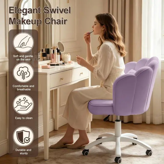 Alt view image 3 of 6 - Petal Desk Chair with Bow Cushion Velvet Vanity Chair with Wheels, Upholstered Home Office Chair for Girls Women, Mid-Back Swivel Computer Task Chairs for Living Room Bedroom