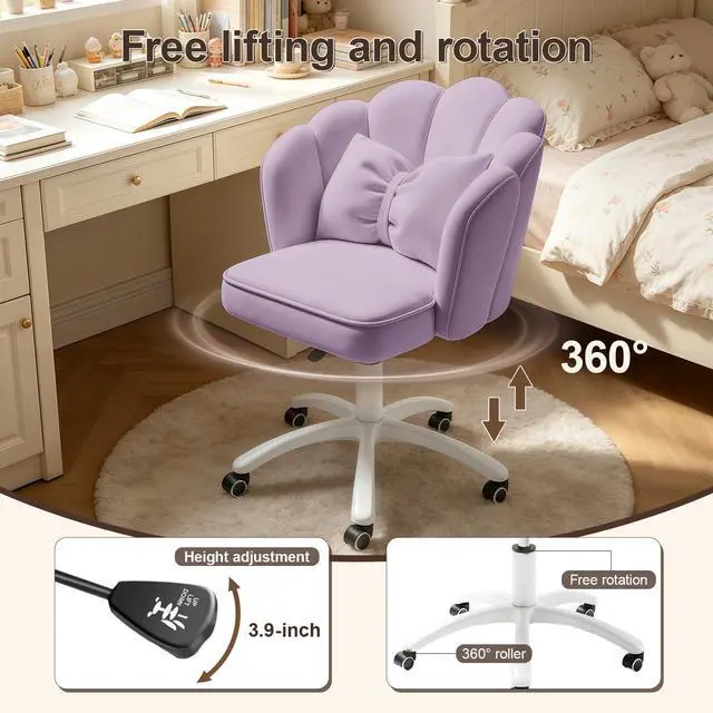 Alt view image 4 of 6 - Petal Desk Chair with Bow Cushion Velvet Vanity Chair with Wheels, Upholstered Home Office Chair for Girls Women, Mid-Back Swivel Computer Task Chairs for Living Room Bedroom