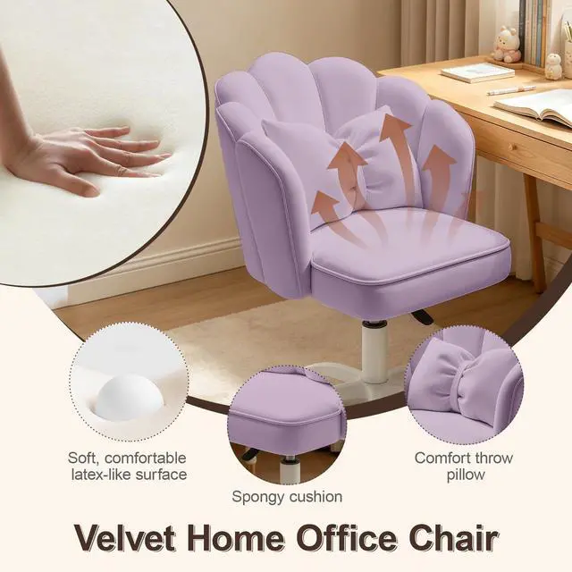 Alt view image 5 of 6 - Petal Desk Chair with Bow Cushion Velvet Vanity Chair with Wheels, Upholstered Home Office Chair for Girls Women, Mid-Back Swivel Computer Task Chairs for Living Room Bedroom