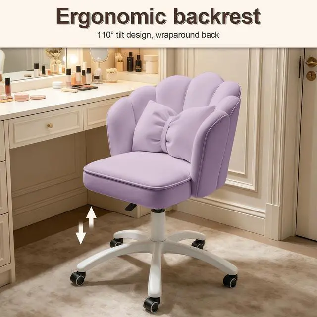 Alt view image 6 of 6 - Petal Desk Chair with Bow Cushion Velvet Vanity Chair with Wheels, Upholstered Home Office Chair for Girls Women, Mid-Back Swivel Computer Task Chairs for Living Room Bedroom