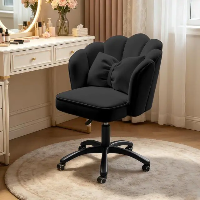 Main image of Petal Desk Chair with Bow Cushion Velvet Vanity Chair with Wheels, Upholstered Home Office Chair for Girls Women, Mid-Back Swivel Computer Task Chairs for Living Room Bedroom