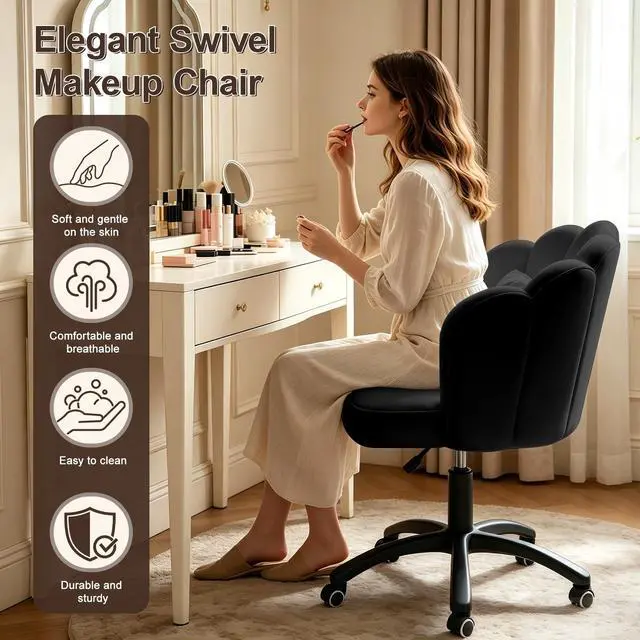 Alt view image 3 of 6 - Petal Desk Chair with Bow Cushion Velvet Vanity Chair with Wheels, Upholstered Home Office Chair for Girls Women, Mid-Back Swivel Computer Task Chairs for Living Room Bedroom