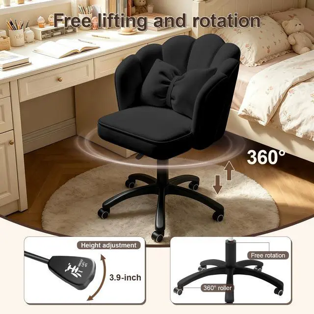 Alt view image 5 of 6 - Petal Desk Chair with Bow Cushion Velvet Vanity Chair with Wheels, Upholstered Home Office Chair for Girls Women, Mid-Back Swivel Computer Task Chairs for Living Room Bedroom