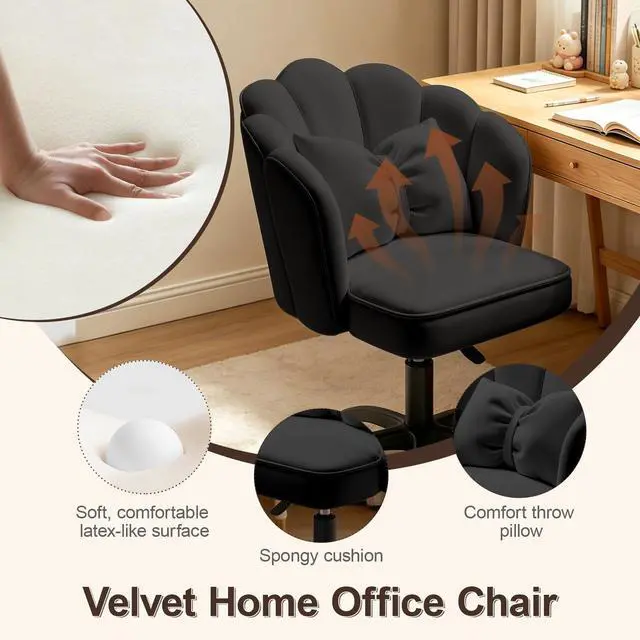 Alt view image 6 of 6 - Petal Desk Chair with Bow Cushion Velvet Vanity Chair with Wheels, Upholstered Home Office Chair for Girls Women, Mid-Back Swivel Computer Task Chairs for Living Room Bedroom