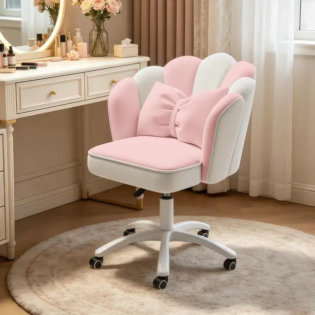 Main image of Petal Desk Chair with Bow Cushion Velvet Vanity Chair with Wheels, Upholstered Home Office Chair for Girls Women, Mid-Back Swivel Computer Task Chairs for Living Room Bedroom