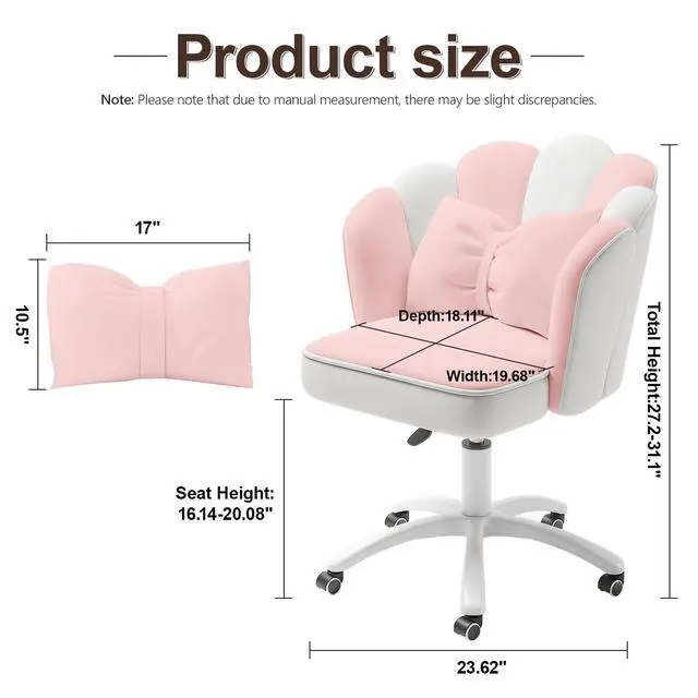 Alt view image 2 of 6 - Petal Desk Chair with Bow Cushion Velvet Vanity Chair with Wheels, Upholstered Home Office Chair for Girls Women, Mid-Back Swivel Computer Task Chairs for Living Room Bedroom
