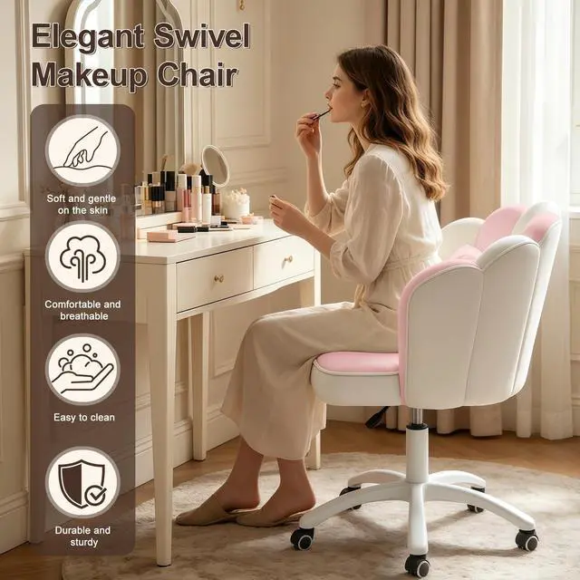 Alt view image 3 of 6 - Petal Desk Chair with Bow Cushion Velvet Vanity Chair with Wheels, Upholstered Home Office Chair for Girls Women, Mid-Back Swivel Computer Task Chairs for Living Room Bedroom