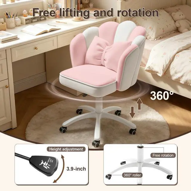 Alt view image 5 of 6 - Petal Desk Chair with Bow Cushion Velvet Vanity Chair with Wheels, Upholstered Home Office Chair for Girls Women, Mid-Back Swivel Computer Task Chairs for Living Room Bedroom