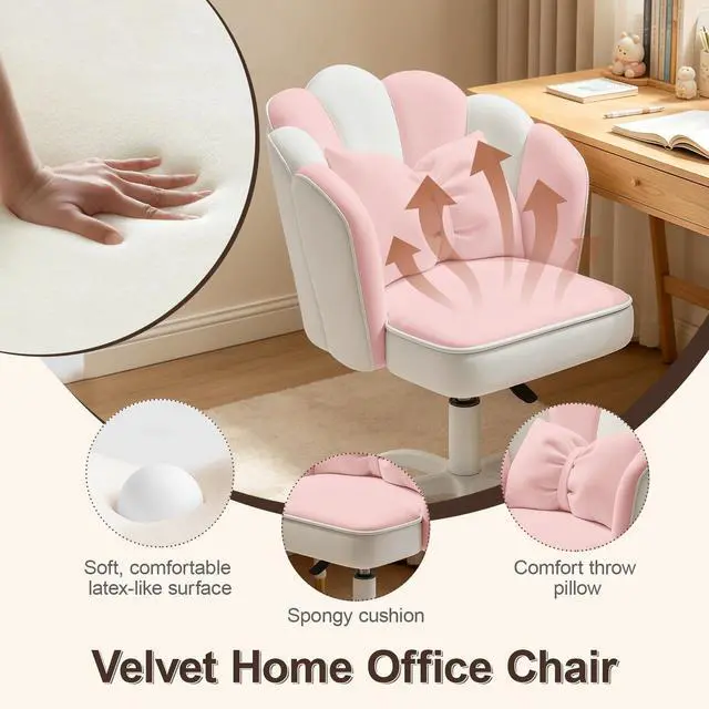 Alt view image 6 of 6 - Petal Desk Chair with Bow Cushion Velvet Vanity Chair with Wheels, Upholstered Home Office Chair for Girls Women, Mid-Back Swivel Computer Task Chairs for Living Room Bedroom