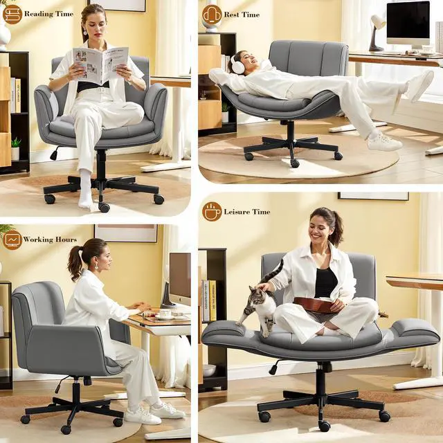 Alt view image 3 of 6 - Criss Cross Chair with Wheels & Armrests,Comfy Wide Vanity Chair,Scratch-Resistant Pu Leather Cross Legged Desk Chair,Height Adjustable Computer Office Desk Chairs for Home,Makeup,Bedroom