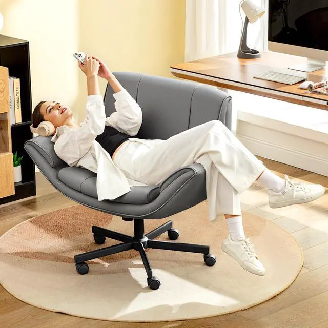 Alt view image 5 of 6 - Criss Cross Chair with Wheels & Armrests,Comfy Wide Vanity Chair,Scratch-Resistant Pu Leather Cross Legged Desk Chair,Height Adjustable Computer Office Desk Chairs for Home,Makeup,Bedroom