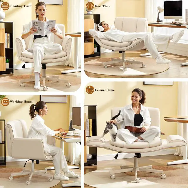 Alt view image 3 of 6 - Criss Cross Chair with Wheels & Armrests,Comfy Wide Vanity Chair,Scratch-Resistant Pu Leather Cross Legged Desk Chair,Height Adjustable Computer Office Desk Chairs for Home,Makeup,Bedroom