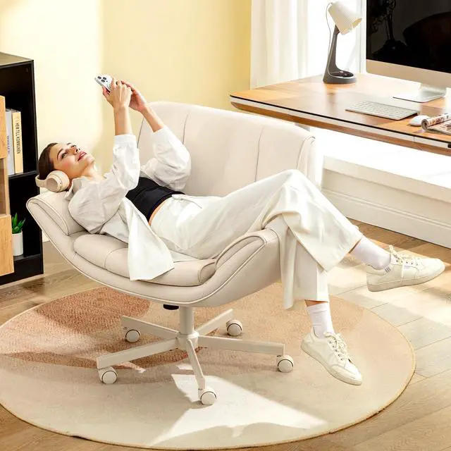 Alt view image 5 of 6 - Criss Cross Chair with Wheels & Armrests,Comfy Wide Vanity Chair,Scratch-Resistant Pu Leather Cross Legged Desk Chair,Height Adjustable Computer Office Desk Chairs for Home,Makeup,Bedroom