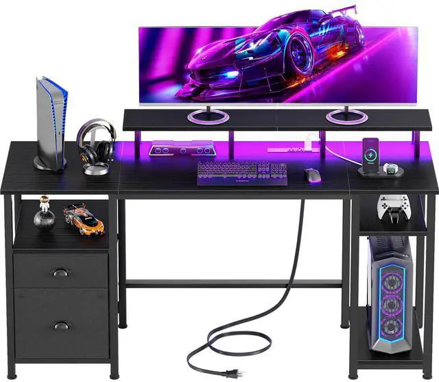 Main image of 61" Gaming Desk with Power Outlets & LED Lights, Reversible Computer Desk with File Cabinet & Monitor Stand for Home Office, Large Work Table with Storage Shelves & Drawer, Black