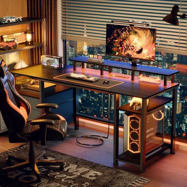 Alt view image 2 of 6 - 61" Gaming Desk with Power Outlets & LED Lights, Reversible Computer Desk with File Cabinet & Monitor Stand for Home Office, Large Work Table with Storage Shelves & Drawer, Black