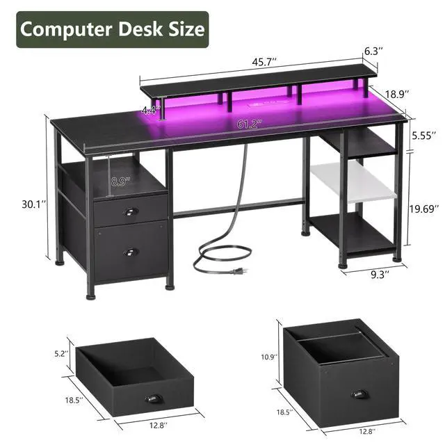 Alt view image 3 of 6 - 61" Gaming Desk with Power Outlets & LED Lights, Reversible Computer Desk with File Cabinet & Monitor Stand for Home Office, Large Work Table with Storage Shelves & Drawer, Black