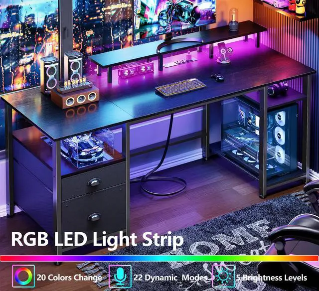 Alt view image 4 of 6 - 61" Gaming Desk with Power Outlets & LED Lights, Reversible Computer Desk with File Cabinet & Monitor Stand for Home Office, Large Work Table with Storage Shelves & Drawer, Black
