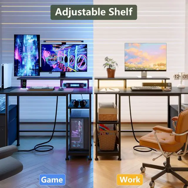 Alt view image 6 of 6 - 61" Gaming Desk with Power Outlets & LED Lights, Reversible Computer Desk with File Cabinet & Monitor Stand for Home Office, Large Work Table with Storage Shelves & Drawer, Black