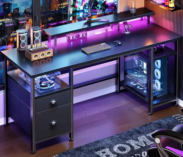 Main image of 51" Gaming Desk with Power Outlets & LED Lights, Reversible Computer Desk with File Cabinet & Monitor Stand for Home Office, Large Work Table with Storage Shelves & Drawer, Black