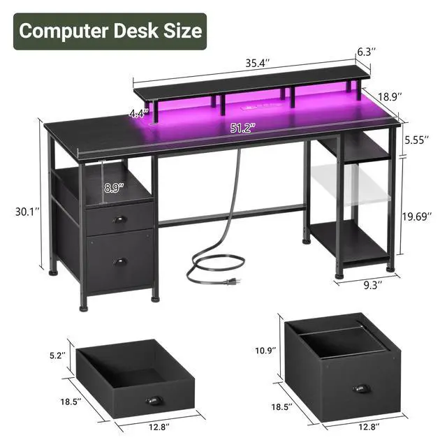 Alt view image 2 of 6 - 51" Gaming Desk with Power Outlets & LED Lights, Reversible Computer Desk with File Cabinet & Monitor Stand for Home Office, Large Work Table with Storage Shelves & Drawer, Black