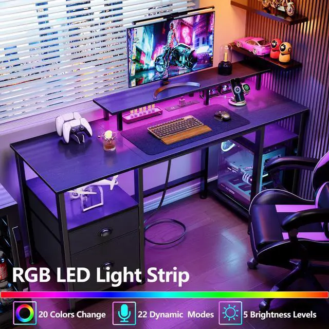 Alt view image 4 of 6 - 51" Gaming Desk with Power Outlets & LED Lights, Reversible Computer Desk with File Cabinet & Monitor Stand for Home Office, Large Work Table with Storage Shelves & Drawer, Black