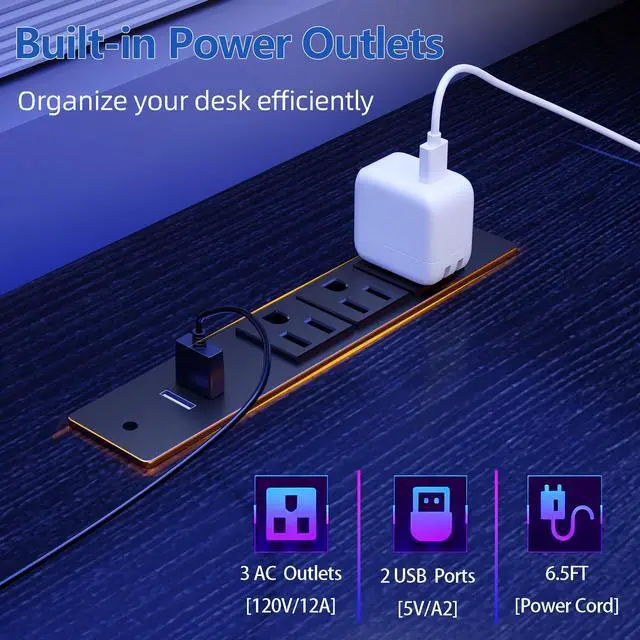 Alt view image 5 of 6 - 51" Gaming Desk with Power Outlets & LED Lights, Reversible Computer Desk with File Cabinet & Monitor Stand for Home Office, Large Work Table with Storage Shelves & Drawer, Black