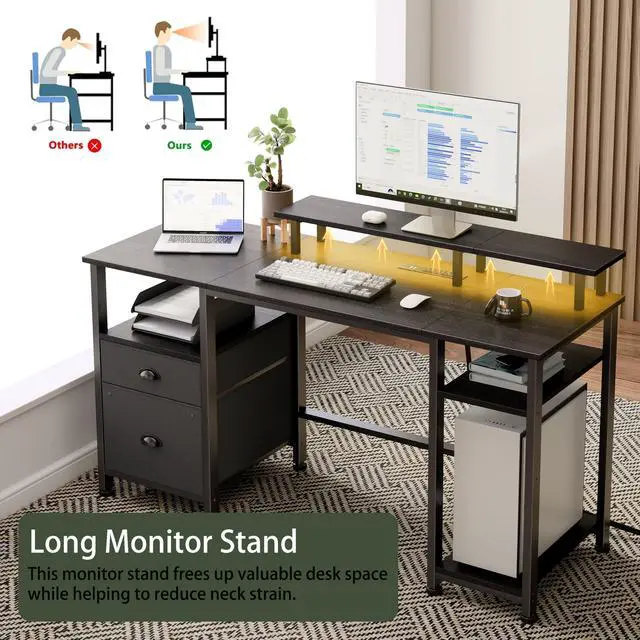 Alt view image 6 of 6 - 51" Gaming Desk with Power Outlets & LED Lights, Reversible Computer Desk with File Cabinet & Monitor Stand for Home Office, Large Work Table with Storage Shelves & Drawer, Black