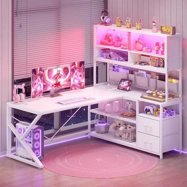 Main image of L Shaped Gaming Desk, Home Office Computer Desk with 2 Drawer and Bookshelf, L Shaped Gaming Corner Desk with LED Light, Glass Cabinet,Storage Bag and Storage Shelves, White