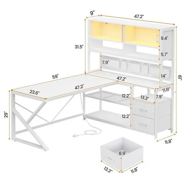 Alt view image 2 of 6 - L Shaped Gaming Desk, Home Office Computer Desk with 2 Drawer and Bookshelf, L Shaped Gaming Corner Desk with LED Light, Glass Cabinet,Storage Bag and Storage Shelves, White