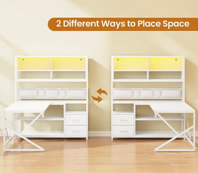 Alt view image 3 of 6 - L Shaped Gaming Desk, Home Office Computer Desk with 2 Drawer and Bookshelf, L Shaped Gaming Corner Desk with LED Light, Glass Cabinet,Storage Bag and Storage Shelves, White