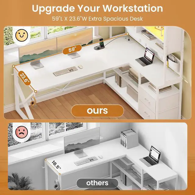 Alt view image 4 of 6 - L Shaped Gaming Desk, Home Office Computer Desk with 2 Drawer and Bookshelf, L Shaped Gaming Corner Desk with LED Light, Glass Cabinet,Storage Bag and Storage Shelves, White