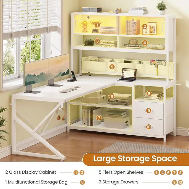 Alt view image 5 of 6 - L Shaped Gaming Desk, Home Office Computer Desk with 2 Drawer and Bookshelf, L Shaped Gaming Corner Desk with LED Light, Glass Cabinet,Storage Bag and Storage Shelves, White