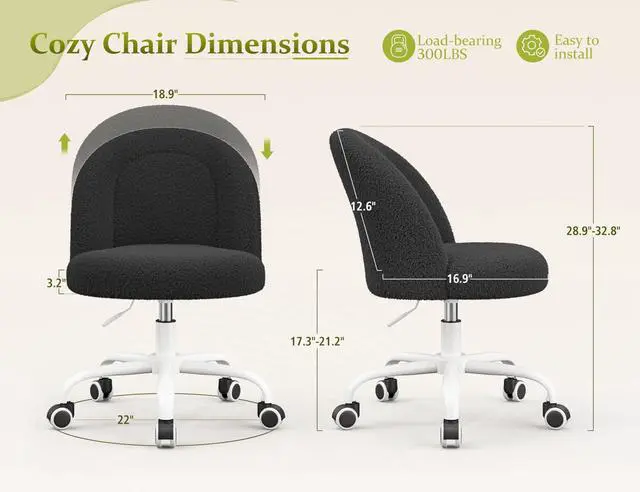 Alt view image 2 of 6 - Vanity Chair with Back, Cute Desk Chair with Wheels, Armless Chair with Height Adjustable & 360° Swivel, Soft Lumbar Support for Small Space, Bedroom, Black