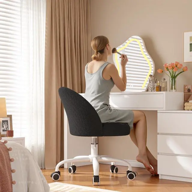 Alt view image 3 of 6 - Vanity Chair with Back, Cute Desk Chair with Wheels, Armless Chair with Height Adjustable & 360° Swivel, Soft Lumbar Support for Small Space, Bedroom, Black
