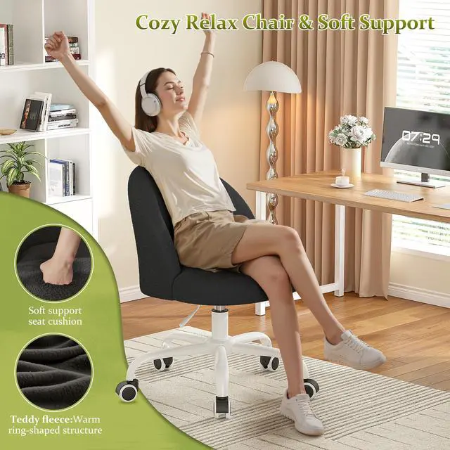 Alt view image 4 of 6 - Vanity Chair with Back, Cute Desk Chair with Wheels, Armless Chair with Height Adjustable & 360° Swivel, Soft Lumbar Support for Small Space, Bedroom, Black