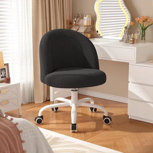 Alt view image 6 of 6 - Vanity Chair with Back, Cute Desk Chair with Wheels, Armless Chair with Height Adjustable & 360° Swivel, Soft Lumbar Support for Small Space, Bedroom, Black