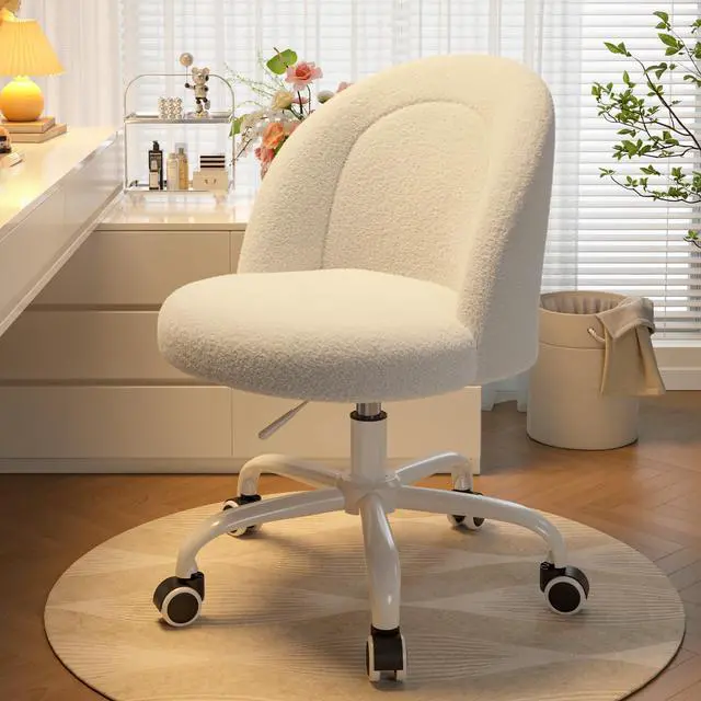 Main image of White Vanity Chair with Wheels, Cute Desk Chair with Back, Armless Chair with Height Adjustable & 360° Swivel, Soft Lumbar Support for Small Space, Bedroom