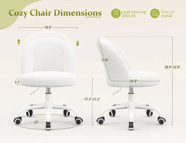 Alt view image 2 of 6 - White Vanity Chair with Wheels, Cute Desk Chair with Back, Armless Chair with Height Adjustable & 360° Swivel, Soft Lumbar Support for Small Space, Bedroom
