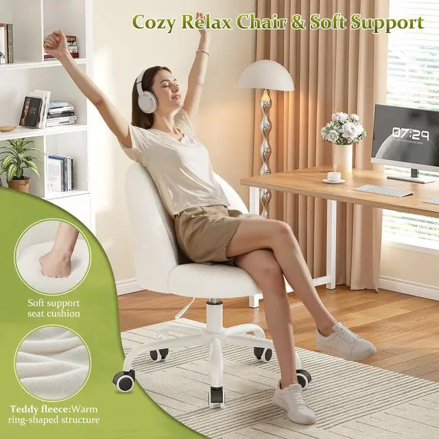 Alt view image 3 of 6 - White Vanity Chair with Wheels, Cute Desk Chair with Back, Armless Chair with Height Adjustable & 360° Swivel, Soft Lumbar Support for Small Space, Bedroom