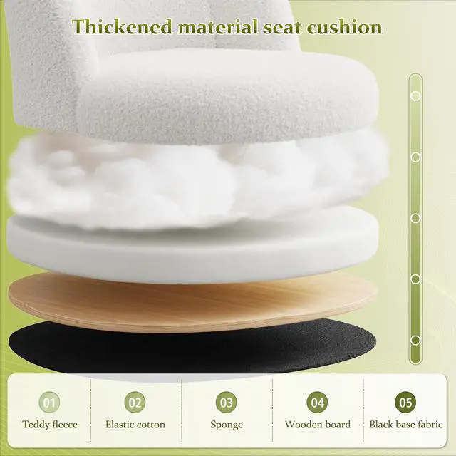 Alt view image 5 of 6 - White Vanity Chair with Wheels, Cute Desk Chair with Back, Armless Chair with Height Adjustable & 360° Swivel, Soft Lumbar Support for Small Space, Bedroom