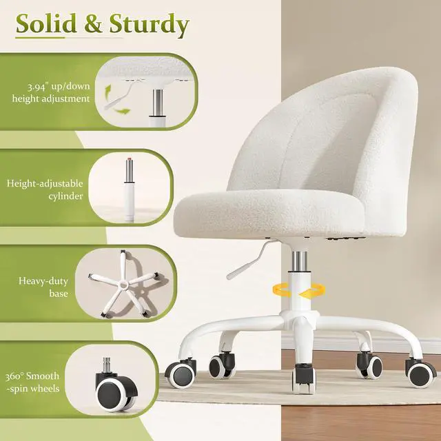 Alt view image 6 of 6 - White Vanity Chair with Wheels, Cute Desk Chair with Back, Armless Chair with Height Adjustable & 360° Swivel, Soft Lumbar Support for Small Space, Bedroom
