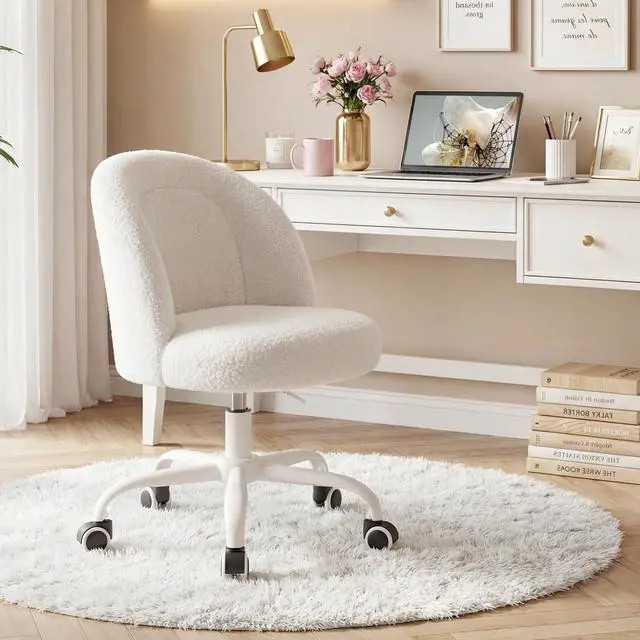 Main image of Vanity Chair, Soft Teddy Fleece Makeup Chair with Silent Wheels, Height Adjustable & 360° Swivel, Space-Saving Armless Design, Cream White
