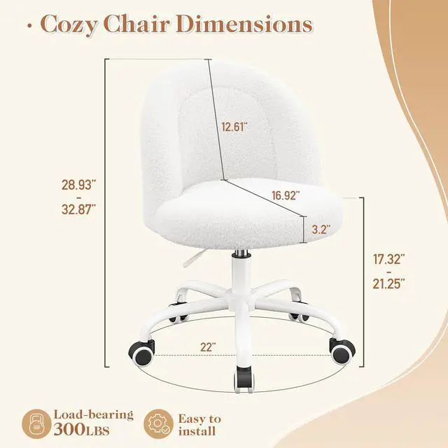 Alt view image 2 of 6 - Vanity Chair, Soft Teddy Fleece Makeup Chair with Silent Wheels, Height Adjustable & 360° Swivel, Space-Saving Armless Design, Cream White