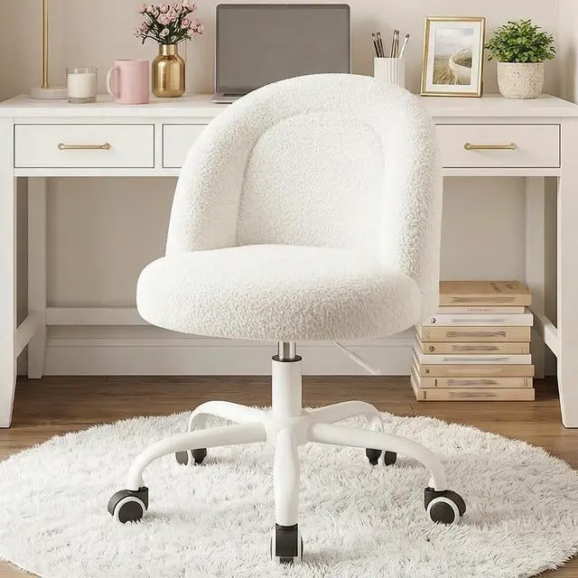 Alt view image 4 of 6 - Vanity Chair, Soft Teddy Fleece Makeup Chair with Silent Wheels, Height Adjustable & 360° Swivel, Space-Saving Armless Design, Cream White