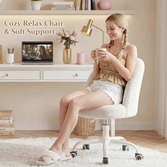 Alt view image 5 of 6 - Vanity Chair, Soft Teddy Fleece Makeup Chair with Silent Wheels, Height Adjustable & 360° Swivel, Space-Saving Armless Design, Cream White