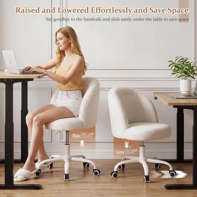 Alt view image 6 of 6 - Vanity Chair, Soft Teddy Fleece Makeup Chair with Silent Wheels, Height Adjustable & 360° Swivel, Space-Saving Armless Design, Cream White